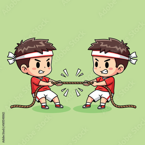 Two determined cartoon boys in red shirts and white shorts engaged in a fierce tug of war competition vector illustration
