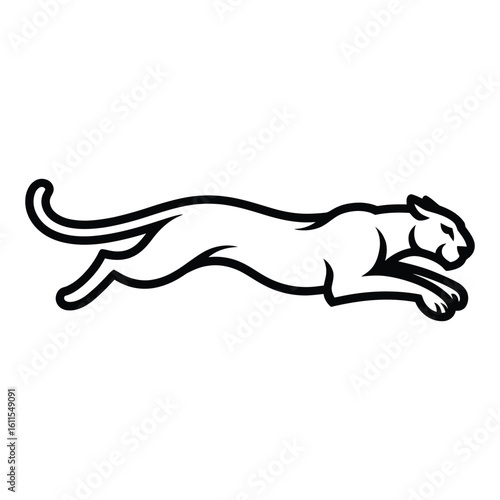  Sleek black silhouette of a powerful jaguar in mid leap against a white background