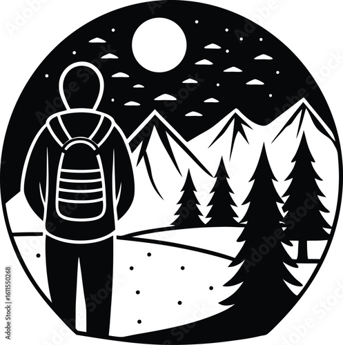 hiking vector silhouette illustration backpacker watching sunrise silhouette