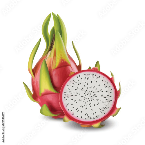 Dragon fruit whole and sliced with green leaves on white background