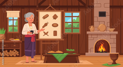 Ancient Kitchen Scene Featuring Woman Explaining Traditional Cooking Utensils