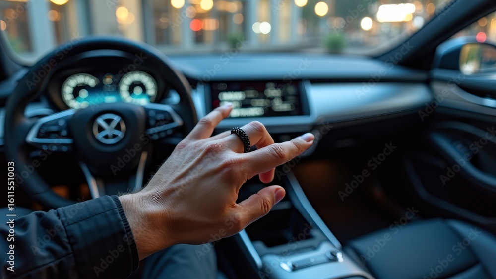 Naklejka premium Male driver's hand in modern car interior with digital dashboard and night lights