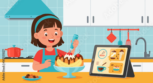 Little Girl Baking At Home Watching Tutorial On Digital Tablet