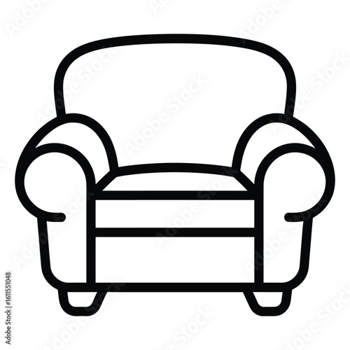  Simple line drawing of a comfortable armchair with rolled arms and short legs