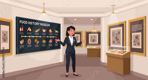 Female Docent Giving Tour At The Food History Museum Illustration