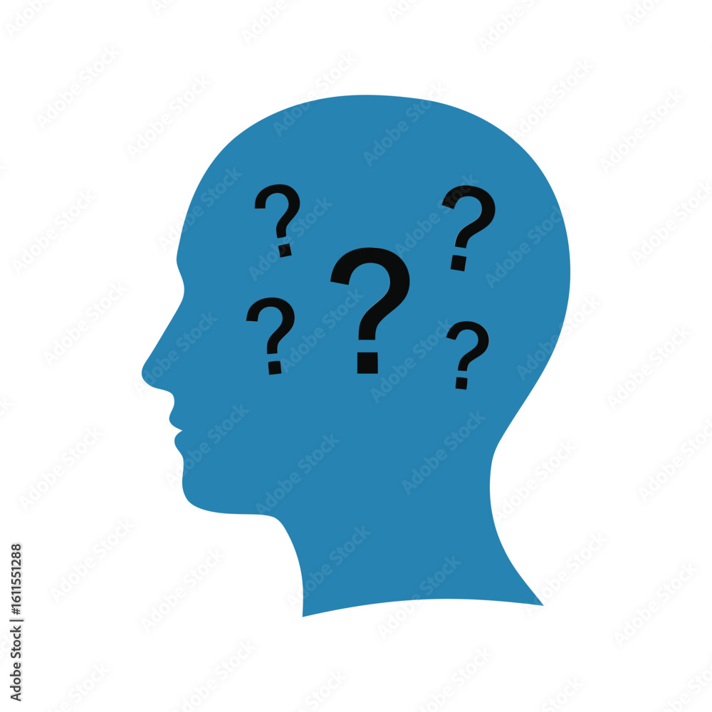 Blue human head profile with question marks, confusion and problem solving concept Blue human head profile with question marks, confusion and problem solving concept