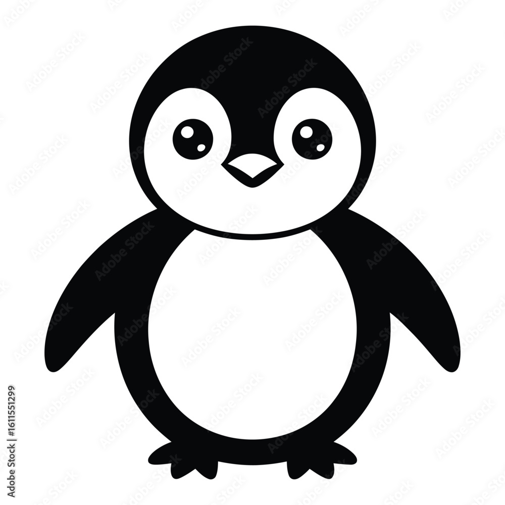 Fototapeta premium Adorable cartoon penguin illustration with big eyes and simple black and white design