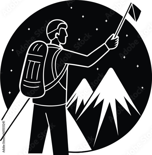 hiking vector silhouette illustration hiker taking selfie at high altitude