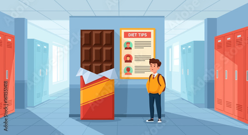 Schoolboy Tempted By Chocolate Next To Diet Tips In Corridor