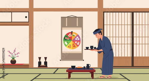 Traditional Japanese Tea Ceremony With Food Illustration In Interior Setting