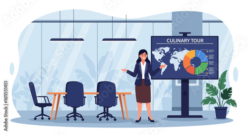 Businesswoman Presents Culinary Tour Geographic Data In Conference Room