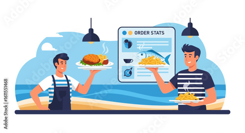 Beach Restaurant Food Orders Delivery Vector Illustration Design