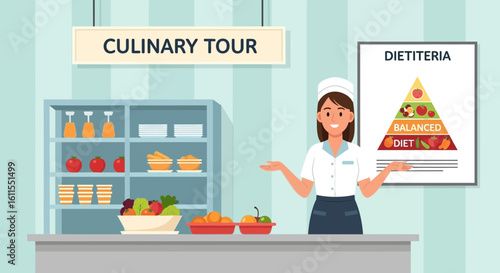 Chef Presenting Culinary Tour and a Balanced Diet Pyramid Illustration