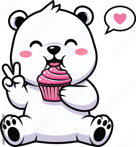 Adorable cartoon polar bear happily eating a pink cupcake and giving a peace sign vector illustration