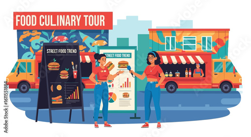 Street Food Media Coverage During Culinary Tour Illustration
