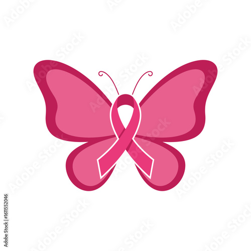 Vibrant pink ribbon butterfly, breast cancer awareness and support symbol vector