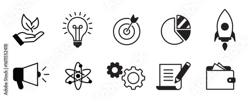 Startup line icons. Launch Project, Business report, Target icons. Strategy, Development plan, Startup space rocket. Out of the Box strategy and Business innovation report. Vector