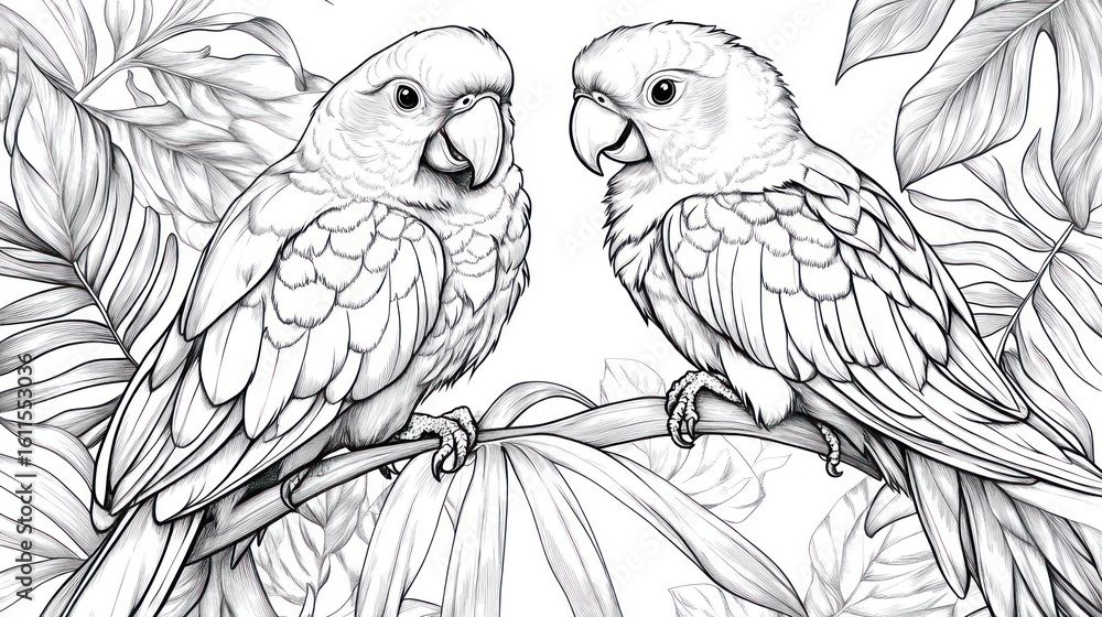 Obraz premium Two parrots, tropical leaves, black and white line art, coloring book, educational print, background