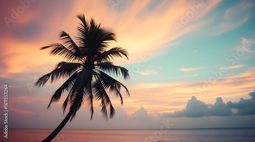 Pastel Dream Horizon: Palm Silhouette at Coastal Sunset - A classic tropical sunset unfolds with a graceful palm tree silhouetted against a sky painted in soft pastel hues of orange, pink, and serene