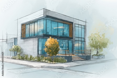 Modern architectural sketch of a two story commercial building