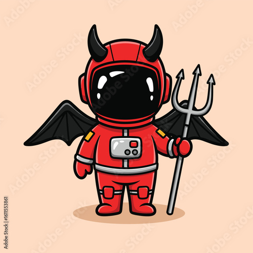 Cute cartoon astronaut dressed as a devil with horns wings and trident vector illustration
