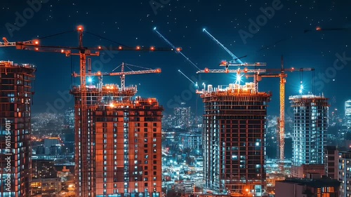 Vibrant Nighttime City Construction Site with Skyscrapers and Cranes Illuminated by Neon Lights