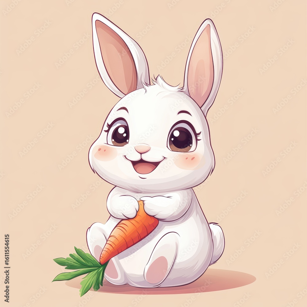 Fototapeta premium Cute Cartoon Bunny Holding a Carrot with Big Happy Eyes