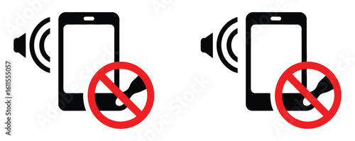 Smartphone Sound Off Icon No Sound Mobile Phone Mute Symbol.Silent mode icon for phone with sound waves and red prohibition sign