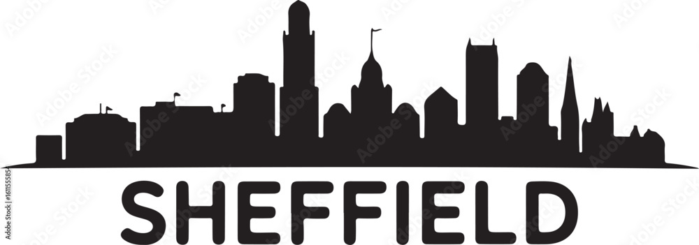 Fototapeta premium Black vector silhouette of Sheffield skyline, includes university buildings, hillside skyline, and a clean Yorkshire cityscape on white