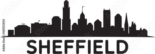 Black vector silhouette of Sheffield skyline, includes university buildings, hillside skyline, and a clean Yorkshire cityscape on white
