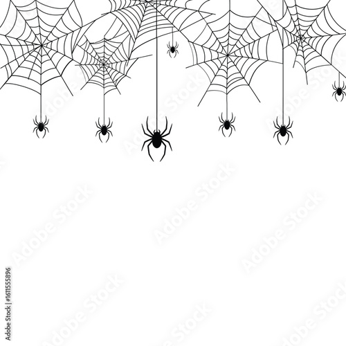 Spooky Halloween Spiderweb Border with Hanging Spiders Vector Illustration