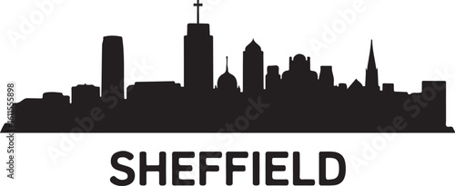 Black vector silhouette of Sheffield skyline, includes university buildings, hillside skyline, and a clean Yorkshire cityscape on white