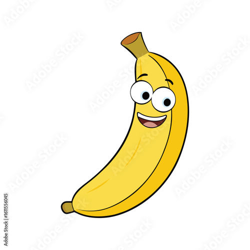 Funny yellow cartoon banana fruit with a peeled skin isolated on white