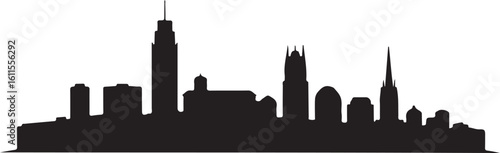 Black vector silhouette of Sheffield skyline, includes university buildings, hillside skyline, clean Yorkshire cityscape on white