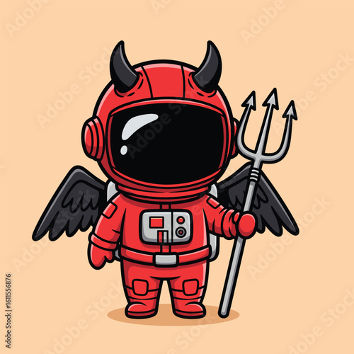 Cute cartoon devil astronaut with wings and trident posing in space suit vector illustration