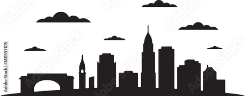 Black silhouette of Accra skyline, includes Independence Arch, modern skyline, Ghana capital in flat vector design