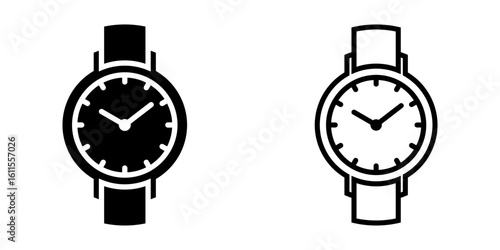 Watch icon set. Simple Flat Style Wristwatch Silhouette and Outline Icon Design Isolated
