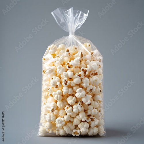 Bag of freshly popped popcorn tied with a clear plastic bag