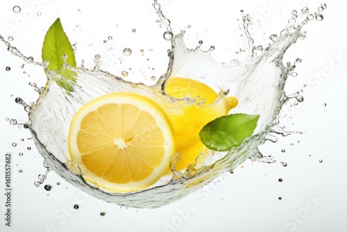 Ripe lemons and a cut lemon slice making a splash with fresh water and green leaves