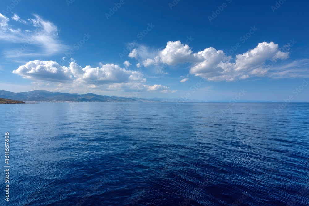 Fototapeta premium Still deep blue sea under a partly cloudy sky with distant land visible on the horizon
