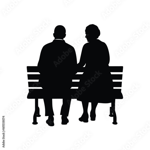 elderly couple holding hands silhouette on a bench