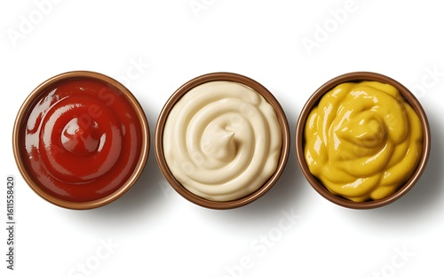 Three bowls of condiments ketchup mayonnaise and mustard