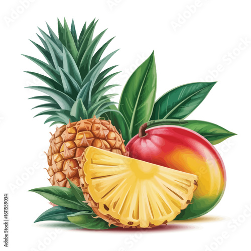 Pineapple mango slice and leaves illustration on white background