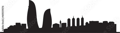 Black silhouette of Baku skyline, includes Flame Towers, Caspian waterfront, modern Azerbaijani skyline vector