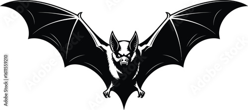 Fierce black bat with outstretched wings flying white