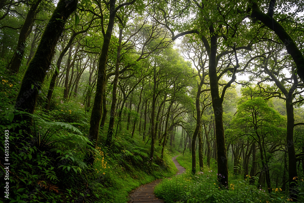 Obraz premium Mystical Boardwalk Path Winding Through a Gnarled, Mossy Forest