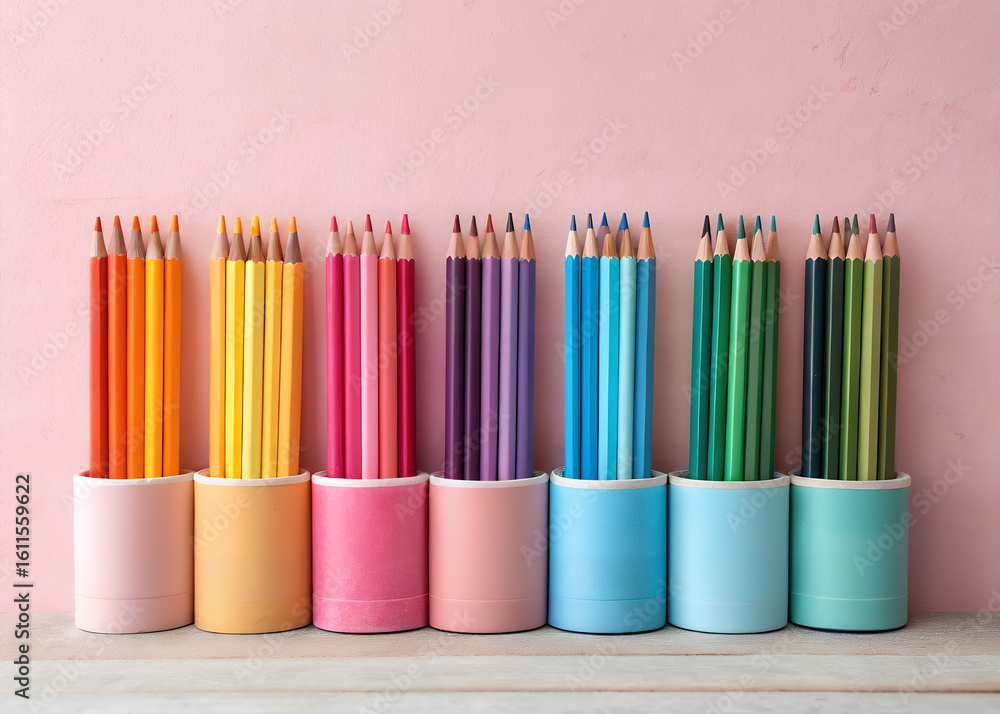 Fototapeta premium Chromatic Array: A vivid arrangement of sharpened color pencils, neatly arranged in their cylindrical holders. This display showcases an aesthetic collection that sparks creativity and artistry.