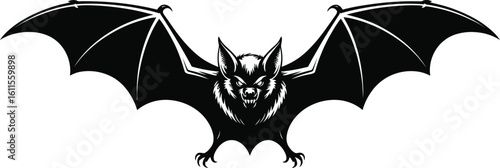Fanged bat with outstretched wings flying black