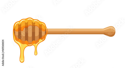 A wooden honey dipper stick coated in thick, glossy, dripping golden amber honey.