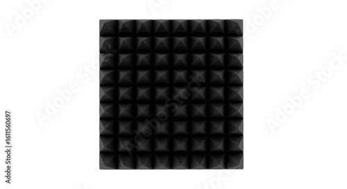 Black acoustic foam panel with a geometric pyramid texture for sound absorption and studio insulation.